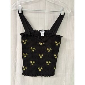 Rue 21 Cropped Flirty Top Black Sunflower Y2K Cottage Core Festival style Summer